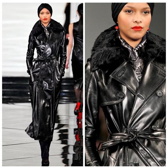 Ralph Lauren Collection Leather Trench Coat Lambskin Shearling Fur Runway Long 8 - Picture 1 of 16